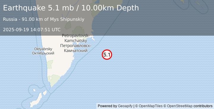 Earthquake 169 km ESE of Petropavlovsk-Kamchatsky, Russia (5.1 mb) (2025-09-19 14:07:51 UTC)