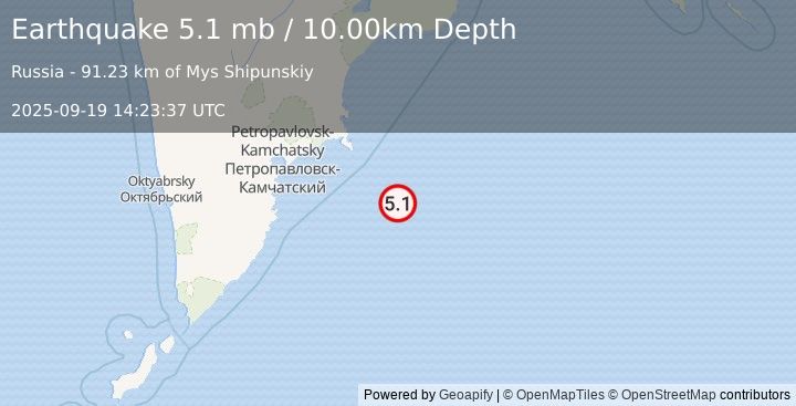 Earthquake 168 km ESE of Petropavlovsk-Kamchatsky, Russia (5.1 mb) (2025-09-19 14:23:37 UTC)