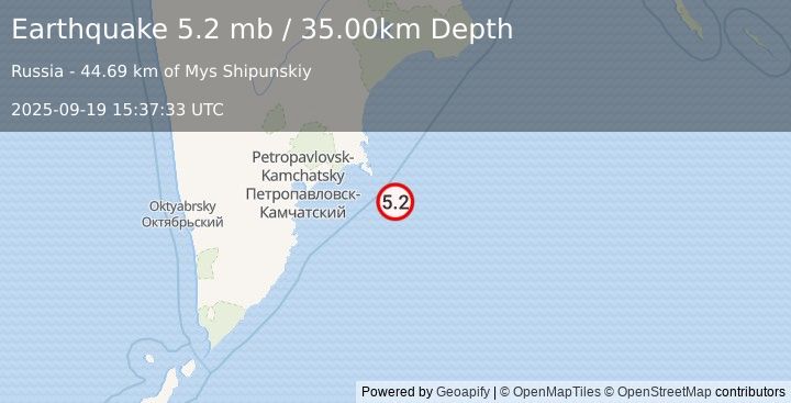 Earthquake 129 km ESE of Petropavlovsk-Kamchatsky, Russia (5.2 mb) (2025-09-19 15:37:33 UTC)