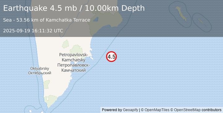 Earthquake 183 km E of Petropavlovsk-Kamchatsky, Russia (4.5 mb) (2025-09-19 16:11:32 UTC)