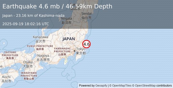 Earthquake 28 km ESE of Ōarai, Japan (4.6 mb) (2025-09-19 18:02:16 UTC)