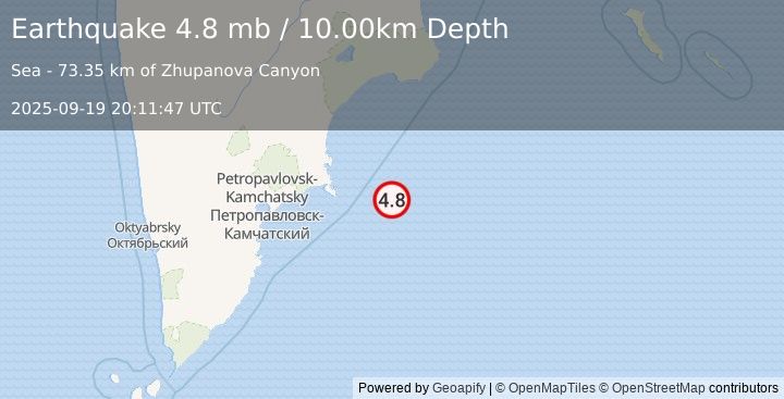 Earthquake 170 km E of Petropavlovsk-Kamchatsky, Russia (4.8 mb) (2025-09-19 20:11:47 UTC)