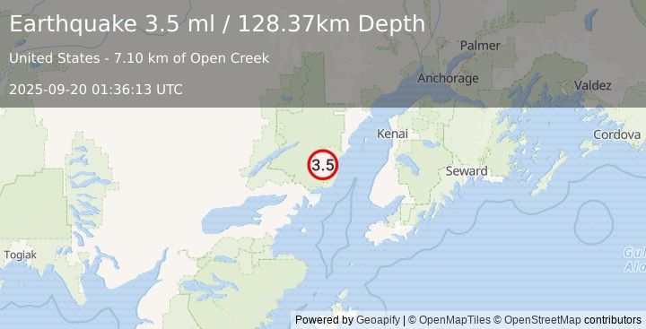 Earthquake 72 km WNW of Happy Valley, Alaska (3.5 ml) (2025-09-20 01:36:13 UTC)