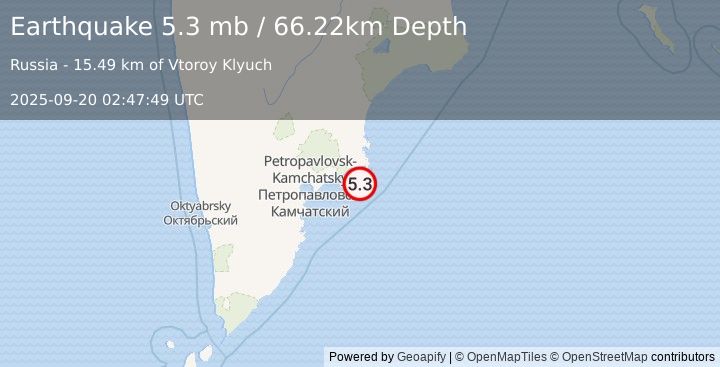 Earthquake 74 km E of Petropavlovsk-Kamchatsky, Russia (5.3 mb) (2025-09-20 02:47:49 UTC)