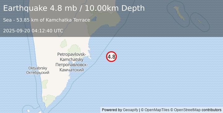 Earthquake 191 km E of Petropavlovsk-Kamchatsky, Russia (4.8 mb) (2025-09-20 04:12:40 UTC)