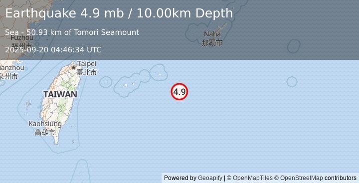 Earthquake 122 km SE of Miyakojima, Japan (4.9 mb) (2025-09-20 04:46:34 UTC)