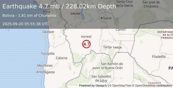 Earthquake 58 km SW of Atocha, Bolivia (4.7 mb) (2025-09-20 05:55:38 UTC)