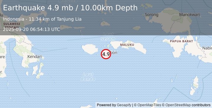Earthquake 39 km WSW of Ambon, Indonesia (4.9 mb) (2025-09-20 06:54:13 UTC)