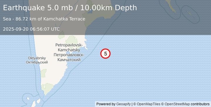 Earthquake 185 km E of Petropavlovsk-Kamchatsky, Russia (5.0 mb) (2025-09-20 06:56:07 UTC)