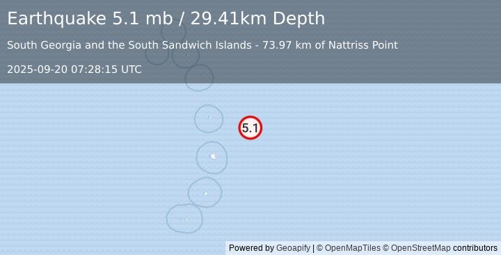 Earthquake South Sandwich Islands region (5.1 mb) (2025-09-20 07:28:15 UTC)