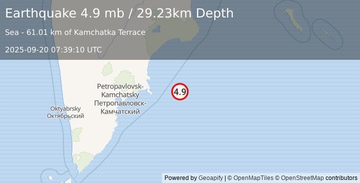 Earthquake 178 km E of Petropavlovsk-Kamchatsky, Russia (4.9 mb) (2025-09-20 07:39:10 UTC)