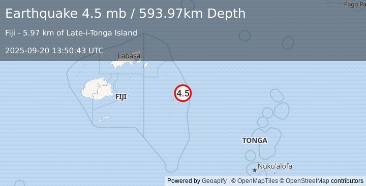 Earthquake 252 km E of Levuka, Fiji (4.5 mb) (2025-09-20 13:50:43 UTC)