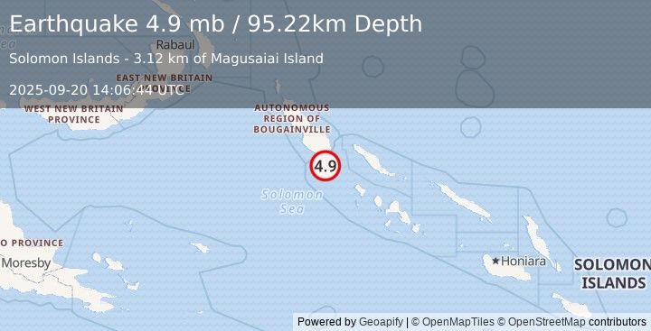Earthquake 97 km SSE of Panguna, Papua New Guinea (4.9 mb) (2025-09-20 14:06:44 UTC)
