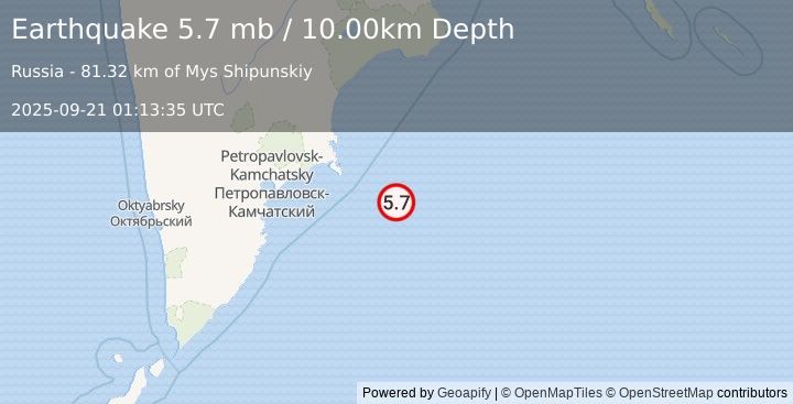 Earthquake 171 km E of Petropavlovsk-Kamchatsky, Russia (5.7 mb) (2025-09-21 01:13:35 UTC)