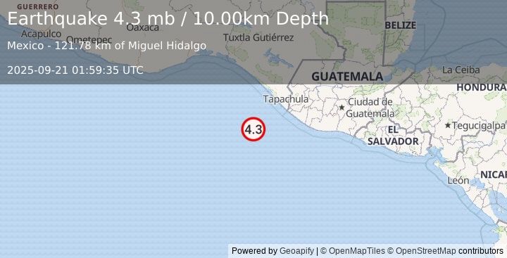 Earthquake 122 km SW of Puerto Madero, Mexico (4.3 mb) (2025-09-21 01:59:35 UTC)