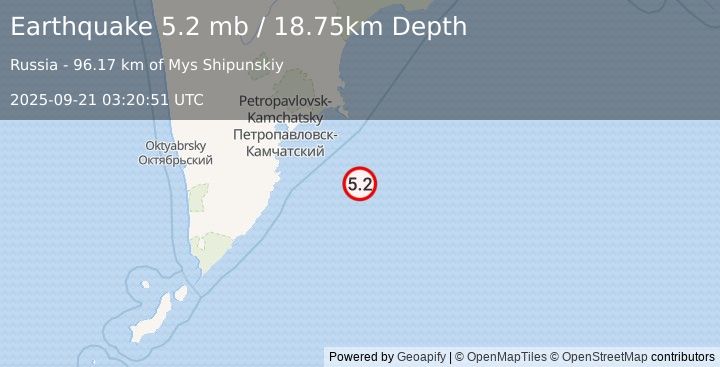 Earthquake 144 km SE of Petropavlovsk-Kamchatsky, Russia (5.2 mb) (2025-09-21 03:20:51 UTC)