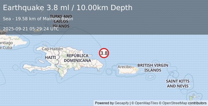 Earthquake 96 km ENE of Miches, Dominican Republic (3.8 ml) (2025-09-21 05:29:24 UTC)