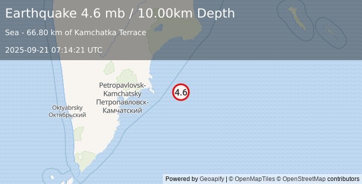 Earthquake 173 km E of Petropavlovsk-Kamchatsky, Russia (4.6 mb) (2025-09-21 07:14:21 UTC)