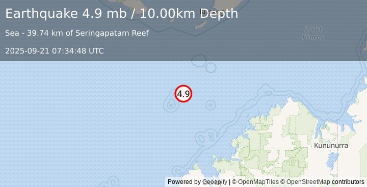 Earthquake northwest of Australia (4.9 mb) (2025-09-21 07:34:48 UTC)