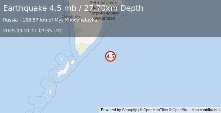Earthquake 188 km ESE of Ozernovskiy, Russia (4.5 mb) (2025-09-21 11:07:35 UTC)