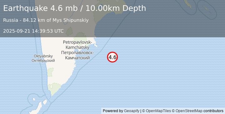 Earthquake 171 km ESE of Petropavlovsk-Kamchatsky, Russia (4.6 mb) (2025-09-21 14:39:53 UTC)