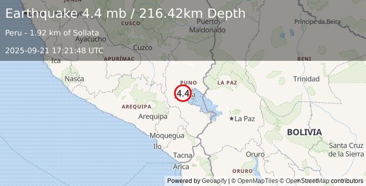 Earthquake 13 km WNW of Juliaca, Peru (4.4 mb) (2025-09-21 17:21:48 UTC)