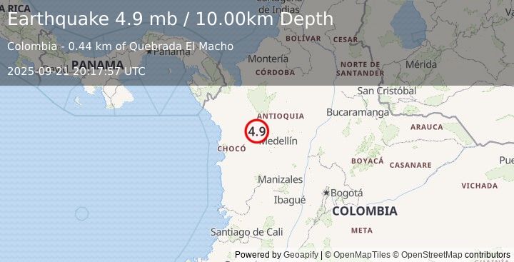Earthquake 19 km WSW of Abriaquí, Colombia (4.9 mb) (2025-09-21 20:17:57 UTC)