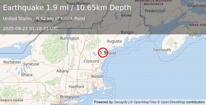 Earthquake 7 km SE of Limington, Maine (1.9 ml) (2025-09-22 01:18:33 UTC)