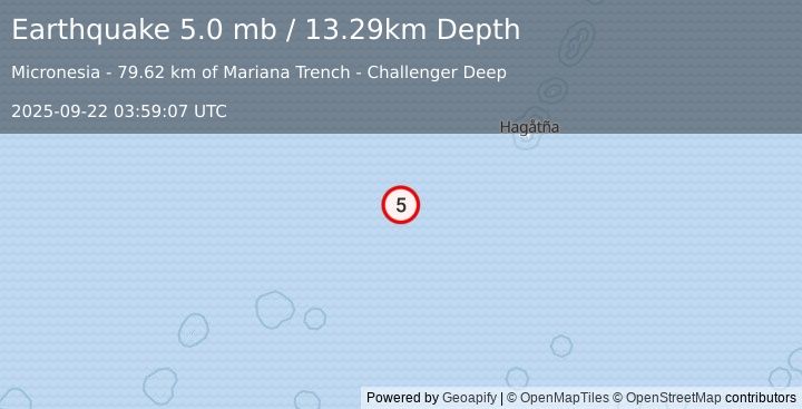 Earthquake south of the Mariana Islands (5.0 mb) (2025-09-22 03:59:07 UTC)