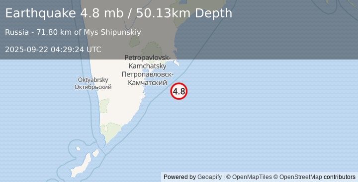 Earthquake 117 km SE of Petropavlovsk-Kamchatsky, Russia (4.8 mb) (2025-09-22 04:29:24 UTC)