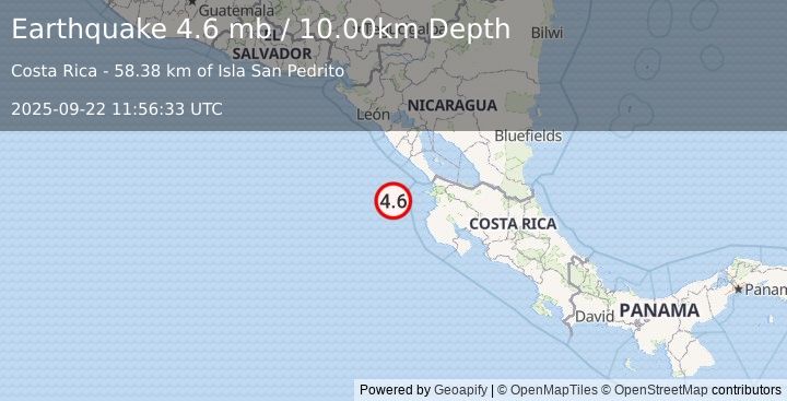 Earthquake 83 km NW of Tamarindo, Costa Rica (4.6 mb) (2025-09-22 11:56:33 UTC)