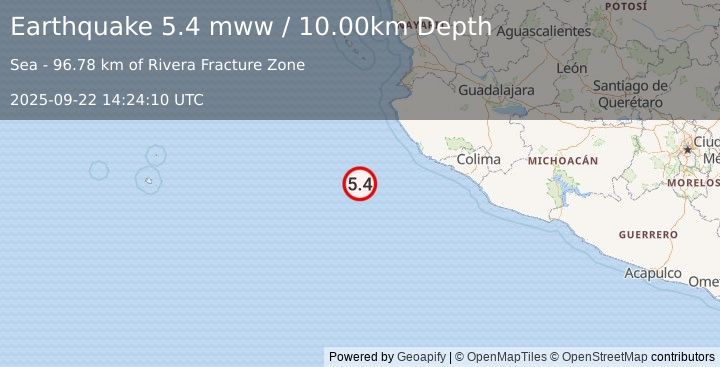 Earthquake 159 km SW of José María Morelos, Mexico (5.4 mww) (2025-09-22 14:24:10 UTC)