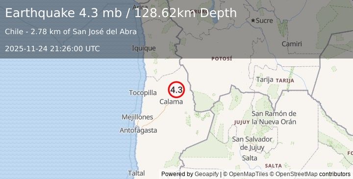 Earthquake 59 km NNE of Calama, Chile (4.3 mb) (2025-11-24 21:26:00 UTC)