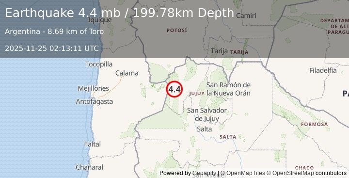 Earthquake 111 km W of El Aguilar, Argentina (4.4 mb) (2025-11-25 02:13:11 UTC)