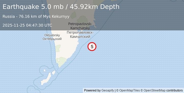 Earthquake 121 km SE of Vilyuchinsk, Russia (5.0 mb) (2025-11-25 04:47:30 UTC)