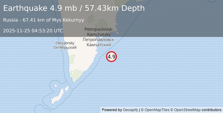 Earthquake 114 km SE of Vilyuchinsk, Russia (4.9 mb) (2025-11-25 04:53:20 UTC)