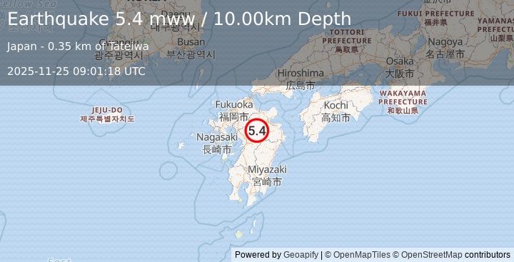 Earthquake 13 km N of Aso, Japan (5.4 mww) (2025-11-25 09:01:18 UTC)