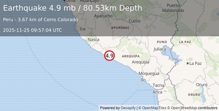 Earthquake 25 km SE of Achanizo, Peru (4.9 mb) (2025-11-25 09:57:04 UTC)