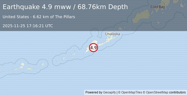 Earthquake 55 km ENE of Nikolski, Alaska (4.9 mww) (2025-11-25 17:16:21 UTC)