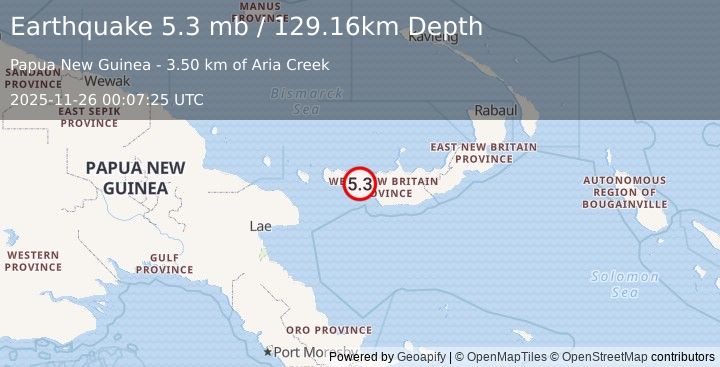 Earthquake 59 km NW of Kandrian, Papua New Guinea (5.3 mb) (2025-11-26 00:07:25 UTC)