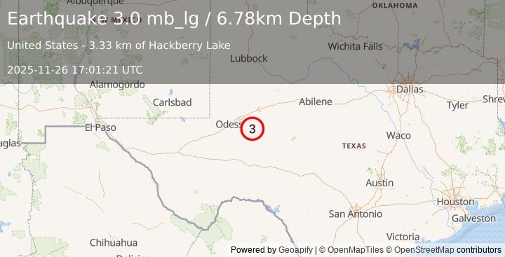 Earthquake 27 km SW of Garden City, Texas (3.0 mb_lg) (2025-11-26 17:01:21 UTC)
