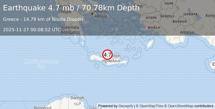 Earthquake 21 km NE of Pánormos, Greece (4.7 mb) (2025-11-27 00:08:52 UTC)