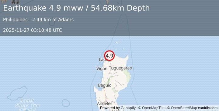Earthquake 19 km ESE of Pagudpud, Philippines (4.9 mww) (2025-11-27 03:10:48 UTC)