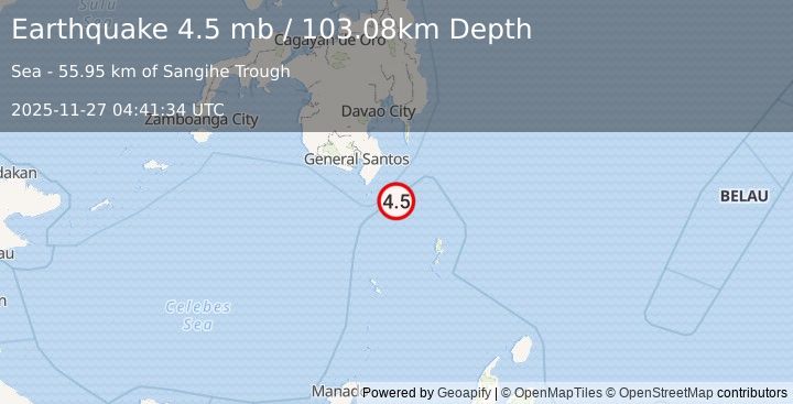 Earthquake 58 km ESE of Sarangani, Philippines (4.5 mb) (2025-11-27 04:41:34 UTC)