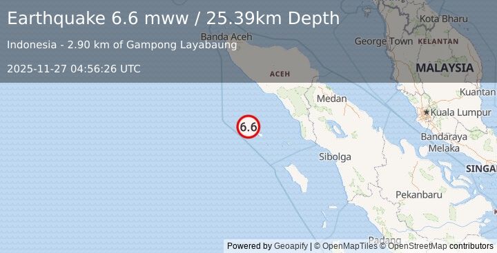 Earthquake 45 km WNW of Sinabang, Indonesia (6.6 mww) (2025-11-27 04:56:26 UTC)