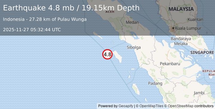 Earthquake 85 km W of Gunungsitoli, Indonesia (4.8 mb) (2025-11-27 05:32:44 UTC)
