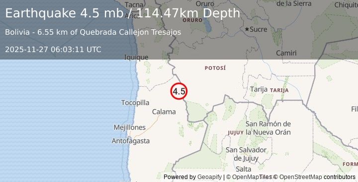 Earthquake 43 km S of Ollagüe, Chile (4.5 mb) (2025-11-27 06:03:11 UTC)
