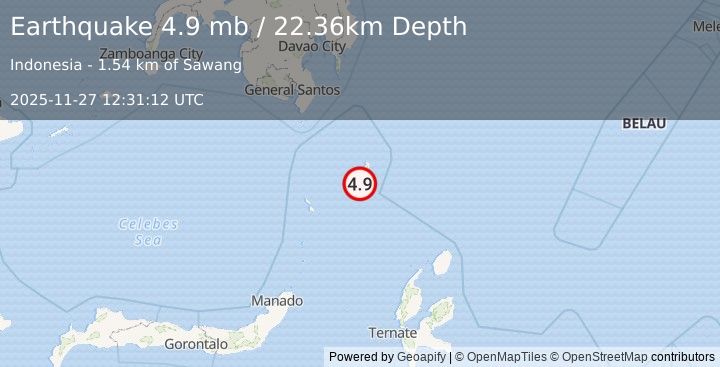 Earthquake 199 km SE of Sarangani, Philippines (4.9 mb) (2025-11-27 12:31:12 UTC)