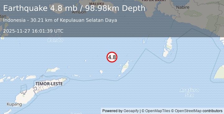 Earthquake 284 km WSW of Tual, Indonesia (4.8 mb) (2025-11-27 16:01:39 UTC)