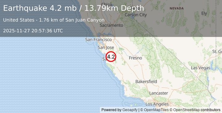 Earthquake 3 km SSE of San Juan Bautista, California (4.2 mb) (2025-11-27 20:57:36 UTC)